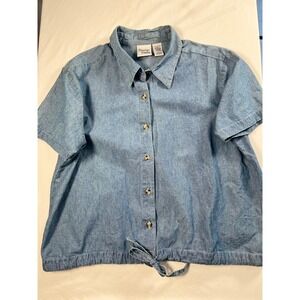 Baxter & Wells Womens Blue Denim Short Sleeve Button Down Cinch Hem Shirt L